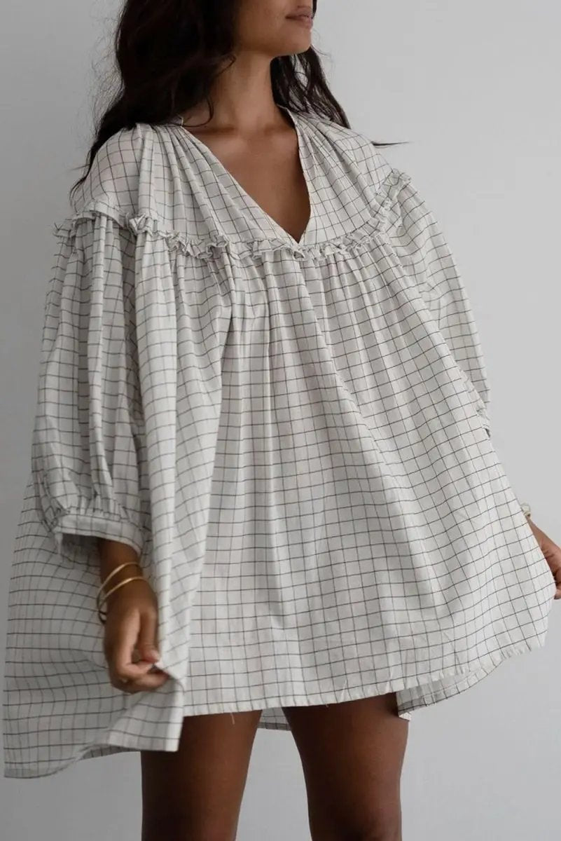 White Stripe Checkered Frilled V Neck Bracelet Sleeve Babydoll Dress - Love Salve